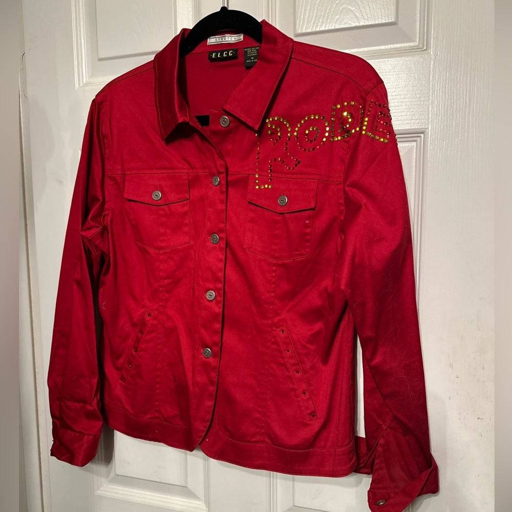 ELCC Medium Red Embellished Stretch Cotton Biker/Trucker Lightweight Jacket